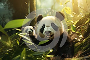 A cute giant panda mother and its cute cub are in the bamboo forest.