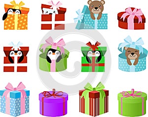 Cute Gift Boxes Clipart with penguins and bears inside. Clip art for planner stickers or scrapbook