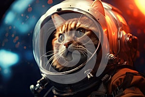 Cute ginger cat in astronaut helmet on dark background. Space travel concept, Cat astronaut in a spacesuit on a science fiction
