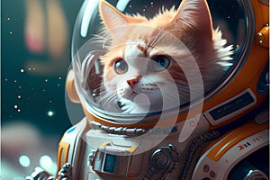 Cute ginger cat in astronaut helmet. Space background with space elements.