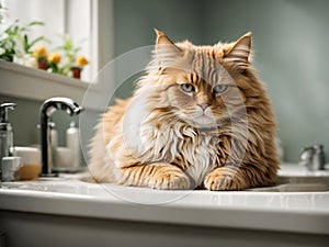 Cute ginger cat in bathtub at home.