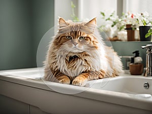 Cute ginger cat in bathtub at home.