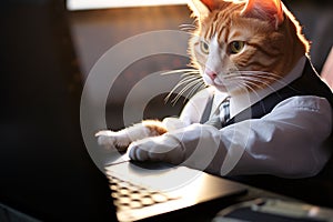 Cute ginger cat in formal suit look like a busy CEO businessman working with laptop computer, cat or introvert people at work