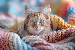 Cute ginger cat lying in colorful knitted blanket