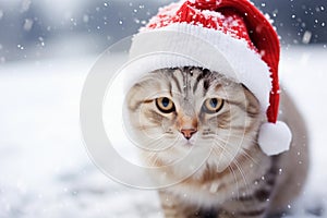 A cute ginger cat in a red santa knitted hat sits in the snow. Snowy winter background. Concept of pets family members.