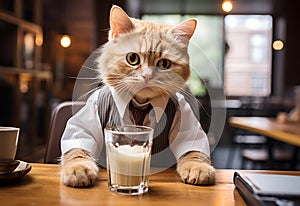 Cute ginger cat in shirt and tie sitting at table with glass