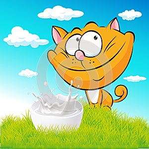 Cute ginger cat sitting on green grass with milk