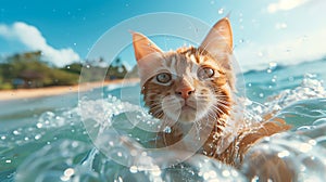 A cute ginger cat swimming in the ocean with a tropical beach background.