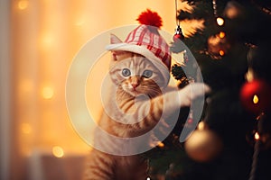 Cute ginger kitten climbing and playing on Christmas tree ornament, Christmas and cat concept background. Generative AI