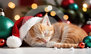 Cute ginger kitten in red Santa hat sleeping among Christmas decor with garland lights bokeh festive background.