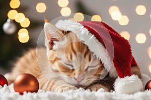 Cute ginger kitten in red Santa hat sleeping among Christmas decor with garland lights bokeh festive background.