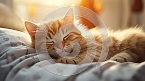 Cute ginger kitten sleeping on bed at home, in daylight, close-up