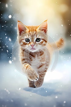 Cute ginger tabby kitten in a snowy winter landscape with falling snow and soft lighting