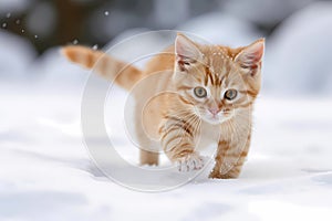 Cute ginger tabby kitten in a snowy winter landscape with falling snow and soft lighting