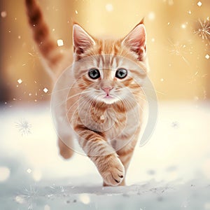 Cute ginger tabby kitten in a snowy winter landscape with falling snow and soft lighting