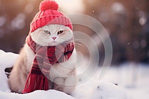 A cute ginger and white cat in a red knitted hat and scarf sits in the snow. Warm cottagecore winter background with copyspace.