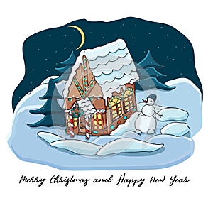 Cute gingerbread house with bright illumination in the night snowy forest and a snowman. Christmas greeting card. Hand drawn