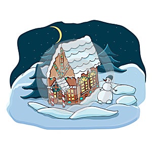 Cute gingerbread house with bright illumination in the night snowy forest and a snowman. Christmas greeting card. Hand drawn