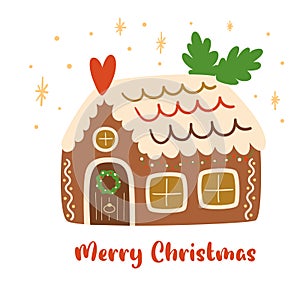 Cute gingerbread house isolated element. Christmas cookies and candy hand drawn vector illustration.