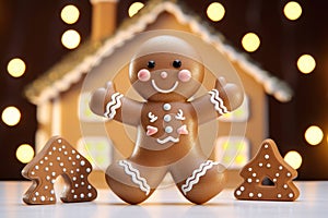 Cute Gingerbread Man Against Gingerbread Hosue