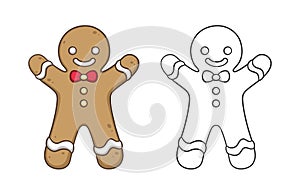 Cute gingerbread man with a bow tie outline and colored doodle cartoon illustration set. Winter Christmas theme coloring book page