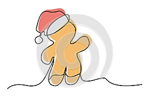 Cute gingerbread man cookie in Santa hat, line art style color vector