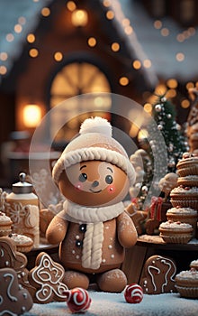 Cute gingerbread man in hat on festive background