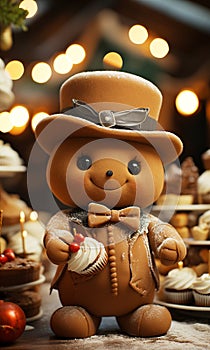 Cute gingerbread man in hat on festive background