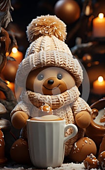 Cute gingerbread man in hat on festive background