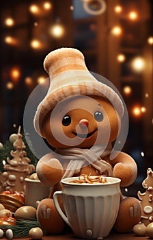 Cute gingerbread man in hat on festive background