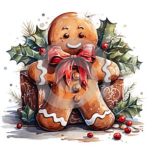 cute gingerbread man in watercolor painting style