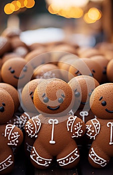 Cute gingerbread men on festive background