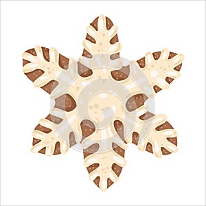 Cute gingerbread snowflake glazed christmas cookie on white background
