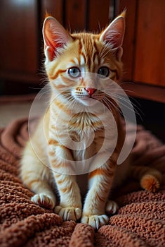 Cute gingers kitten sitting on the bed and looking at camera.