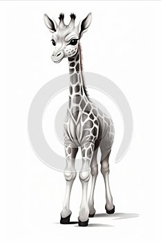 Cute giraffe cartoon character in black and white colors for drawing and coloring book activities