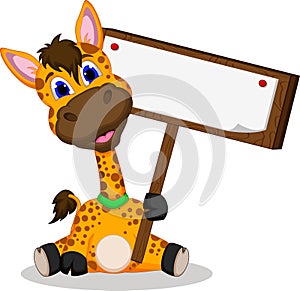 Cute giraffe cartoon holding blank sign