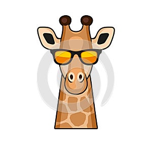 Cute Giraffe Face with Eyeglasses Cartoon Style on White Background. Vector