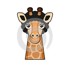 Cute Giraffe Face with Hair Cartoon Style on White Background. Vector