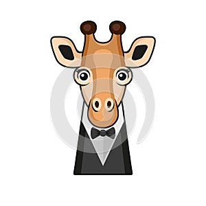 Cute Giraffe Face with Tuxedo and Bowtie Cartoon Style White Background. Vector