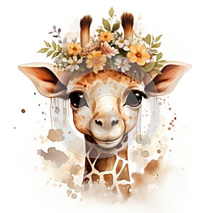 Cute giraffe with floral wreath. Watercolor cartoon illustration