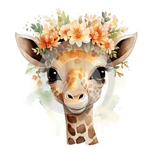 Cute giraffe with floral wreath. Watercolor cartoon illustration