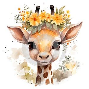 Cute giraffe with floral wreath. Watercolor cartoon illustration