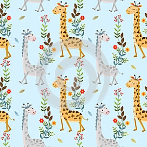 Cute giraffe and flowers on blue background seamless pattern.