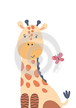 Cute giraffe and flying butterfly.