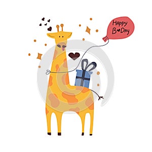 Cute giraffe with gift box on his back and ballon tied to the nack with text happy birthday.