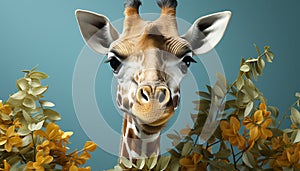 Cute giraffe grazing on green meadow, looking at camera generated by AI