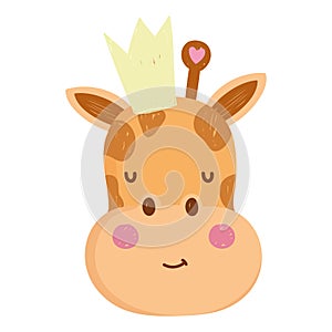 cute giraffe head animal with crown cartoon character