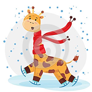 Cute giraffe ice scatting in the snow. Winter illustration with the giraffe doing winter sport.