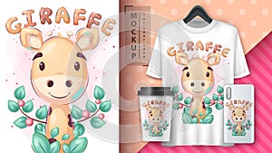 Cute giraffe in leaf poster and merchandising