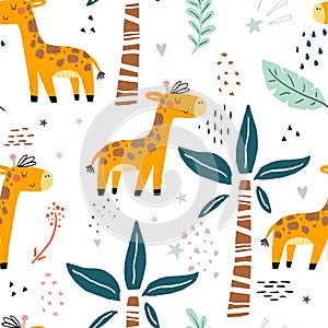 Cute giraffe Pattern print for kids. Funny cute scandinavian giraffe cartoon style. Printable templates. vector print